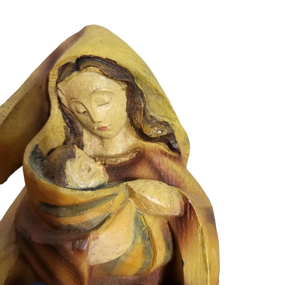 Wooden Virgin Mary Statue, Yellow and‎ Brown